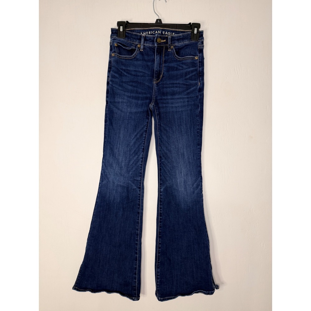 American Eagle Super Hi-Rise Flare Jeans Dark Wash Split Hem Stretch 4 Regular